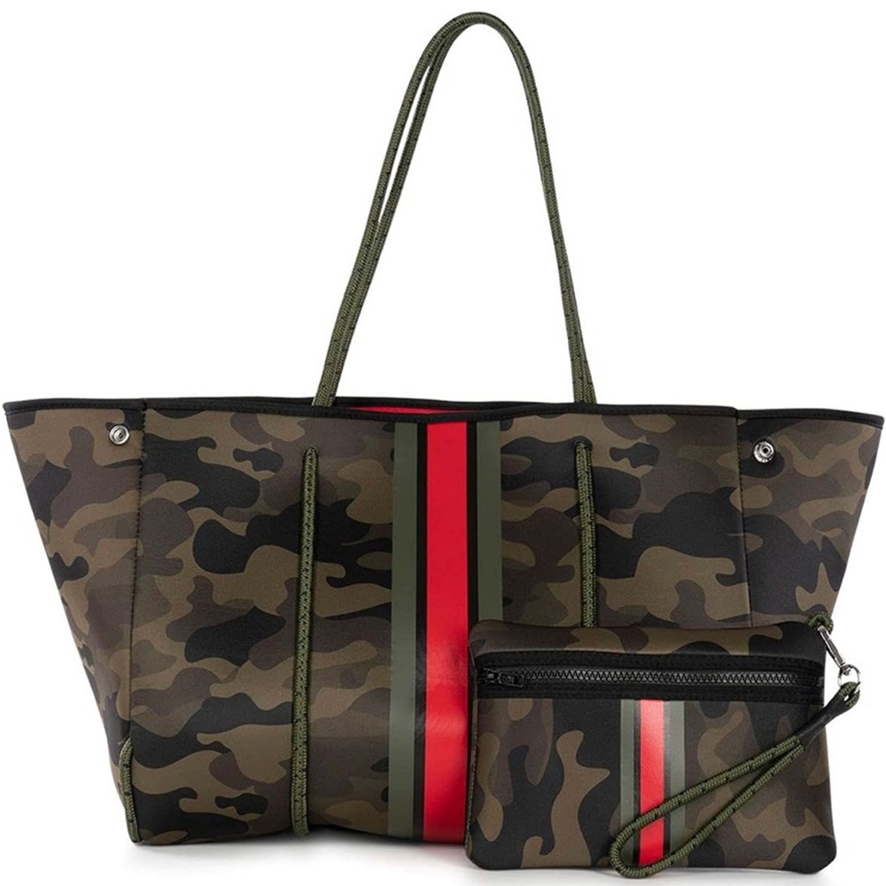 HAUTE SHORE Camouflage Tote with Red and Green Stripes